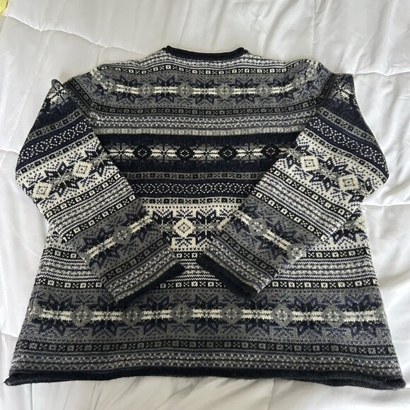 Vintage Jones Jeans Mens Large L Sweater 100% Wool Knit Snowflake Blue White - Picture 6 of 7